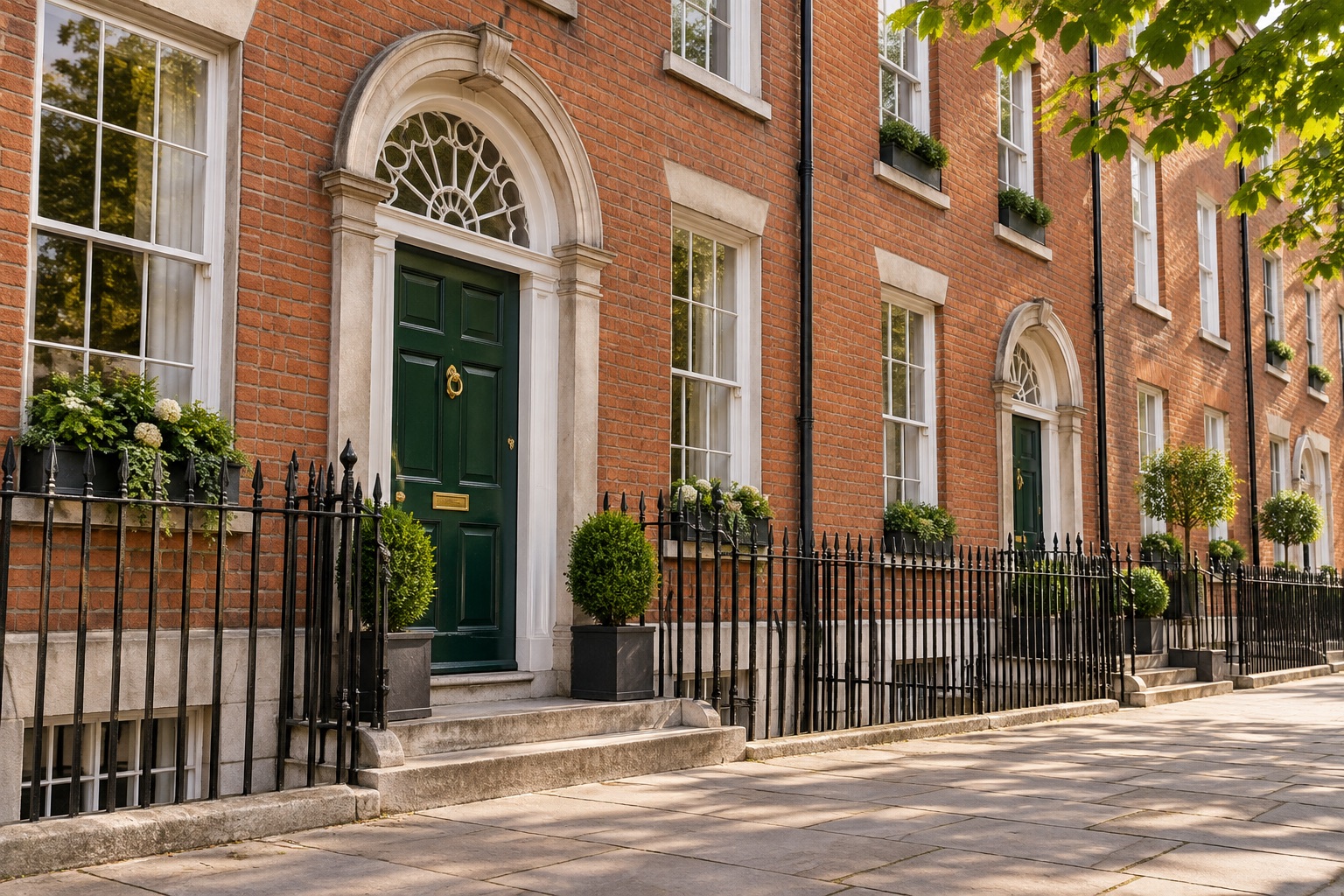 Illustrative Irish Georgian buildings with green doors and brick façades